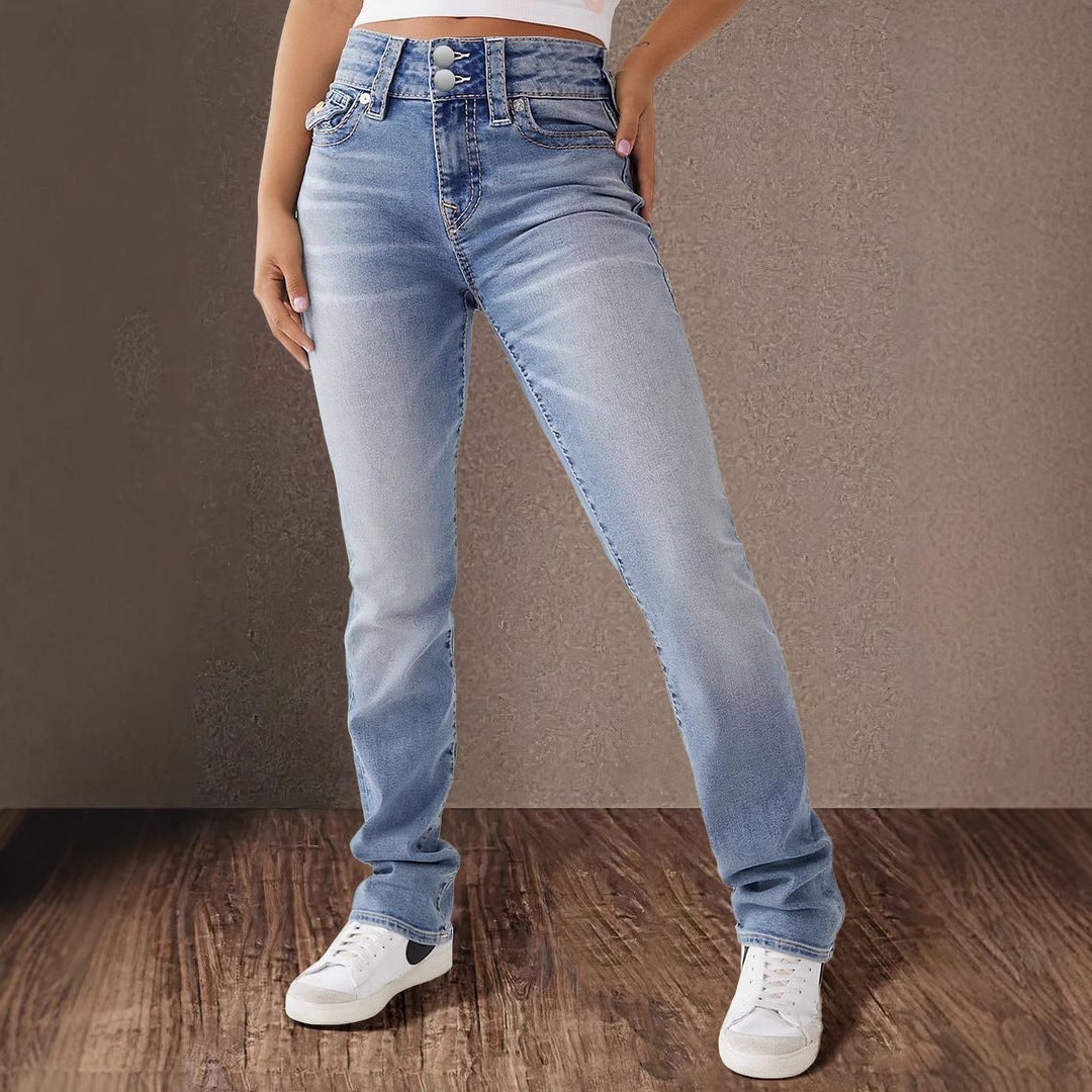 Double-button mid-rise straight-leg jeans