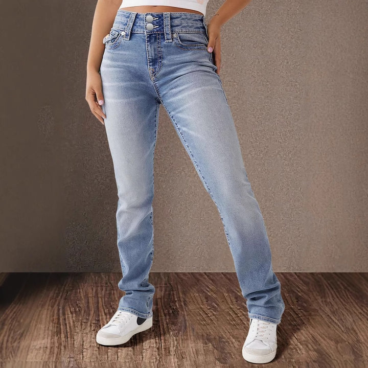 Double-button mid-rise straight-leg jeans