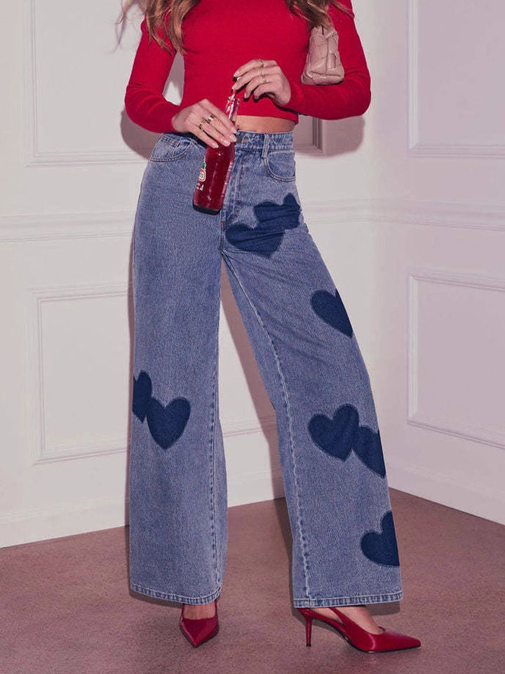 Heart-print high-waisted wide-leg jeans