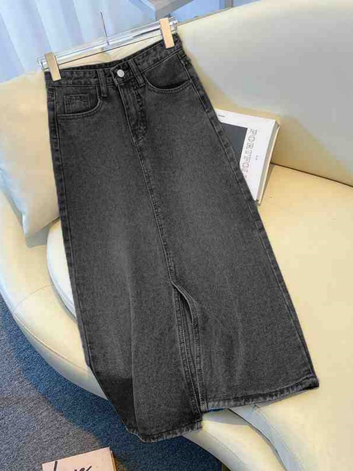 High Waisted Slit Denim Midi Skirt
