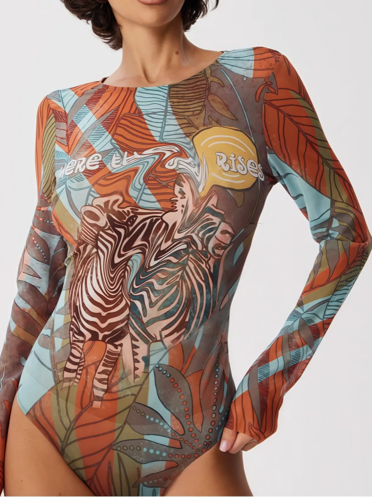 Tattoo Print One-Piece Swimsuit – Long Sleeve Sexy Bodysuit Swimwear