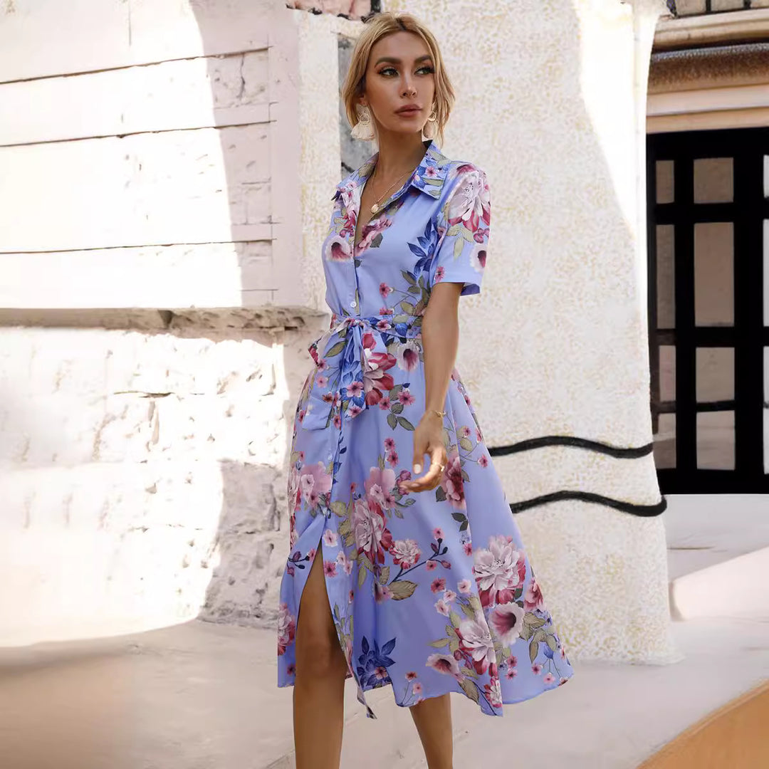 Waist-cinching single-breasted printed short-sleeved dress