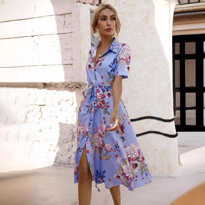 Waist-cinching single-breasted printed short-sleeved dress