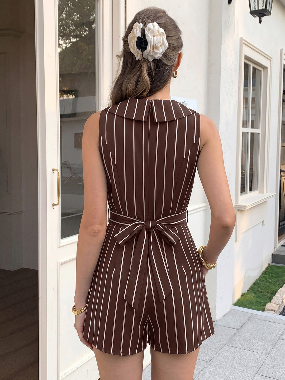 Striped sleeveless V-neck jumpsuit shorts