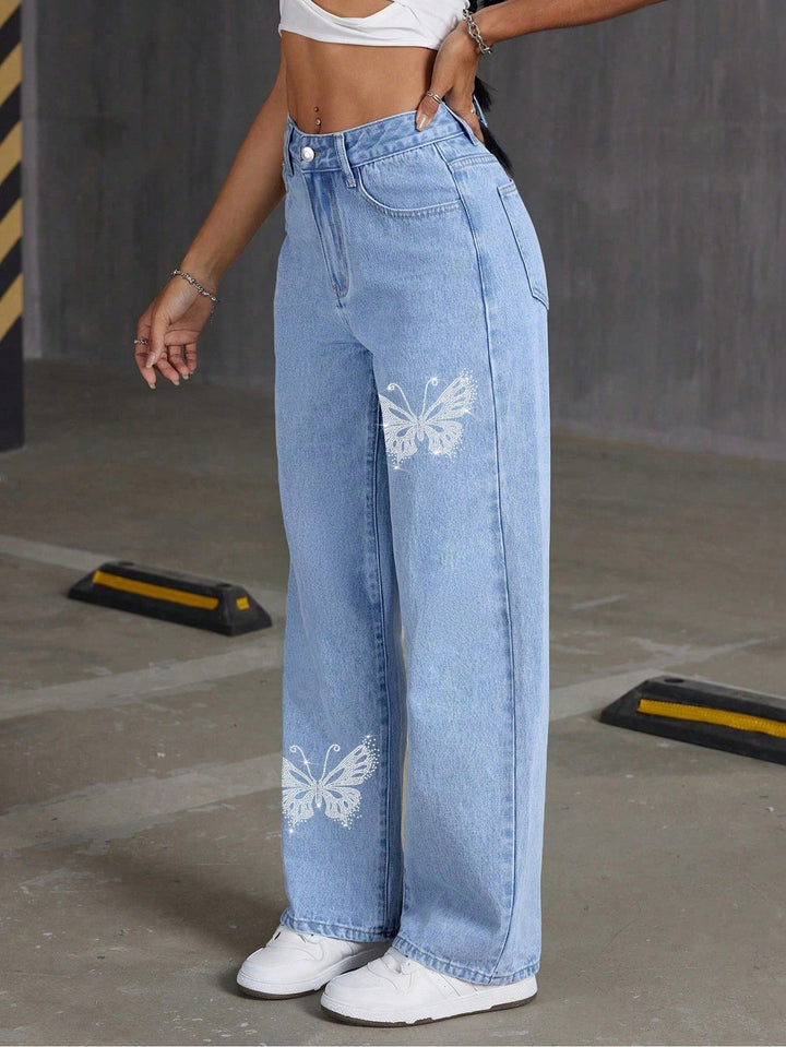 Rhinestone butterfly straight leg jeans