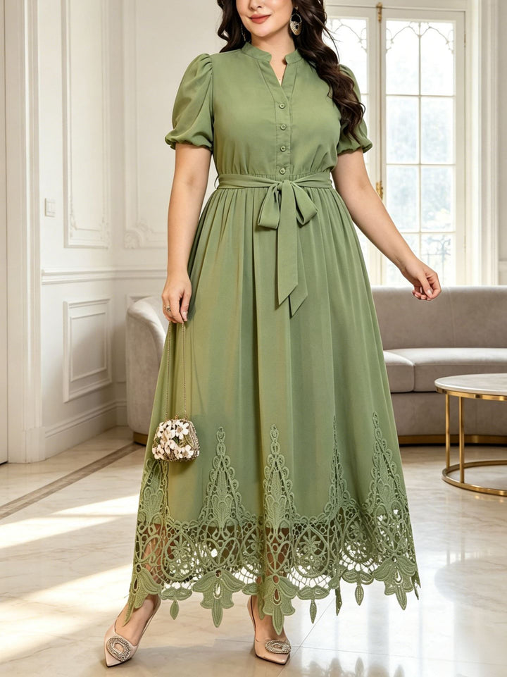 Puff sleeve, fitted waist, tie-waist lace dress