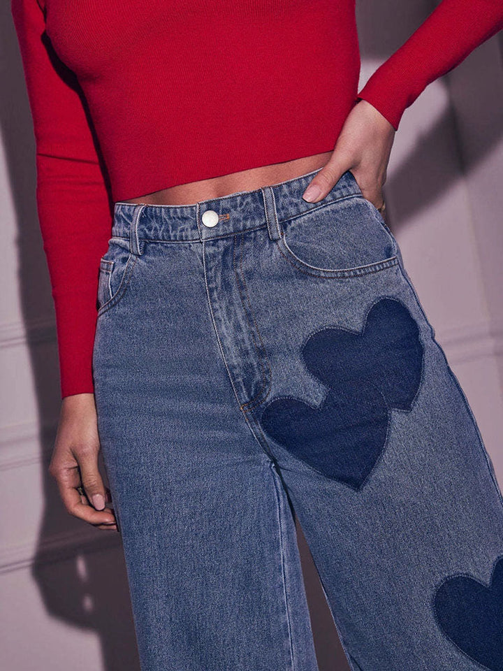Heart-print high-waisted wide-leg jeans