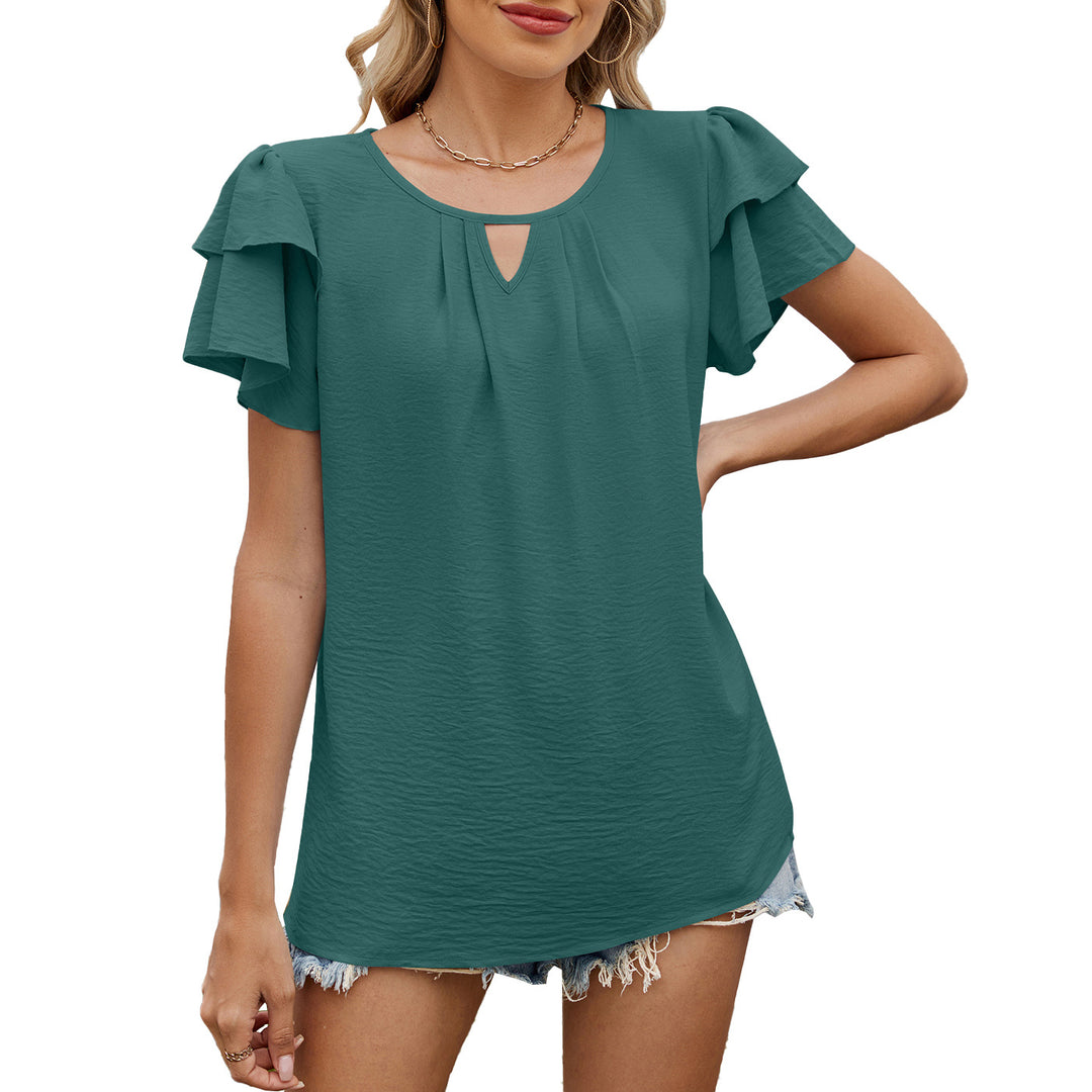 Solid color V-neck hollowed-out double-layer sleeve loose chiffon T-shirt