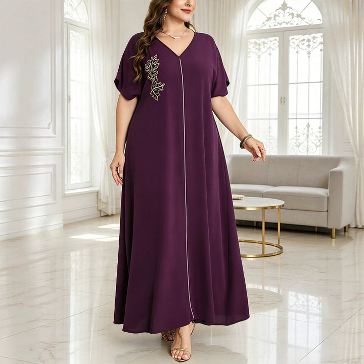 Plus-size V-neck dress with leaf embroidery