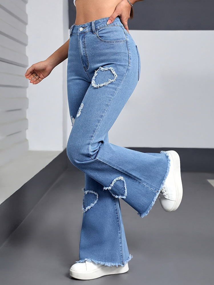 Women’s Jeans Stretch Heart-Shaped Pattern Ripped Bootcut Pants