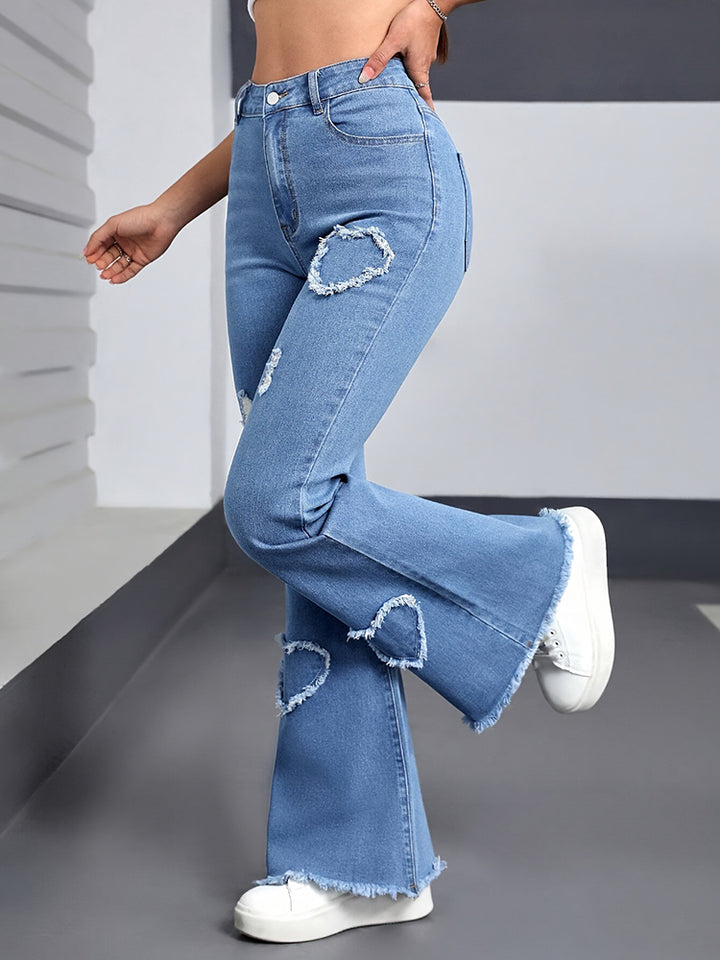 Women’s Jeans Stretch Heart-Shaped Pattern Ripped Bootcut Pants