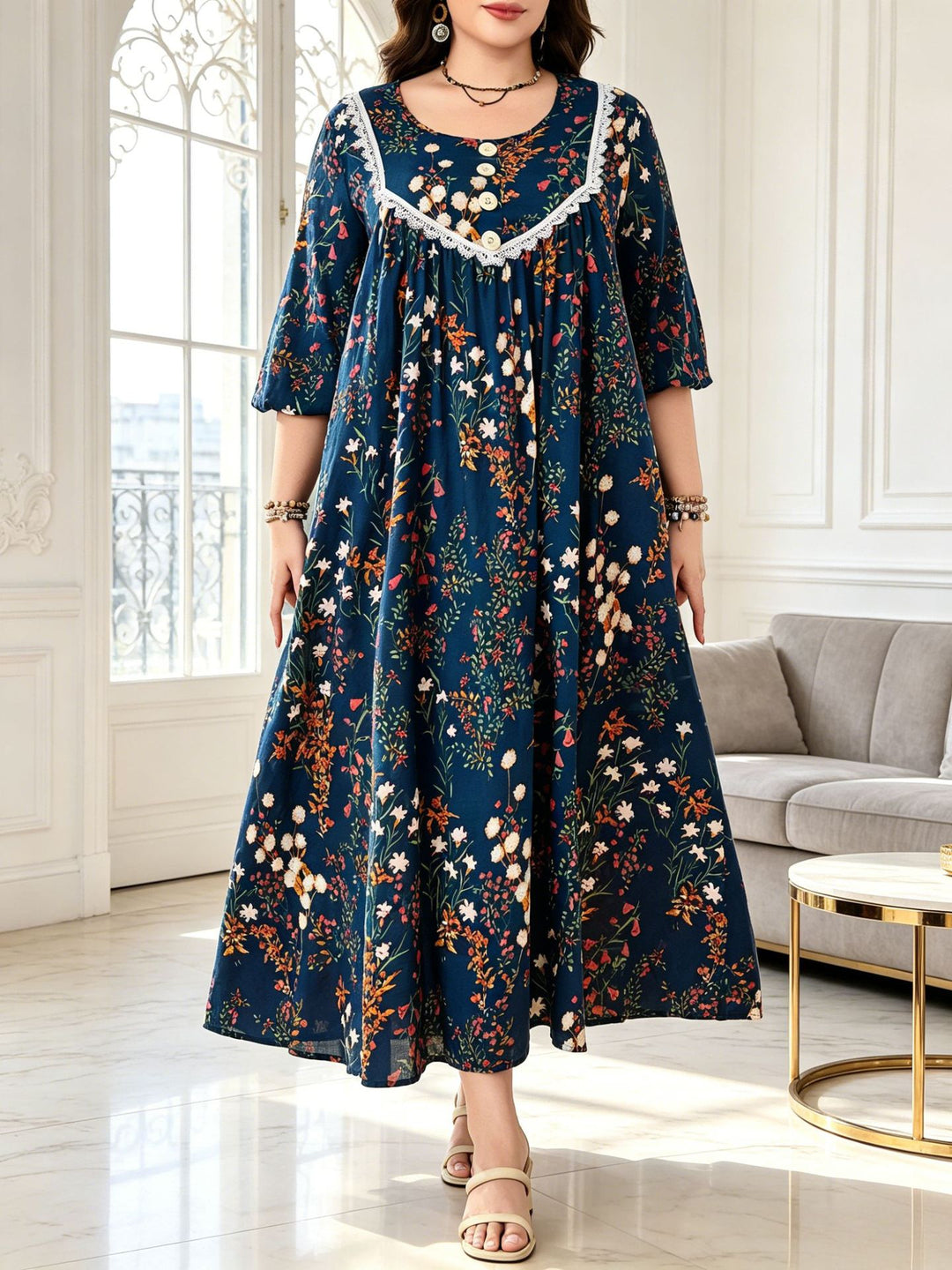 Round neck lantern sleeve floral maxi dress