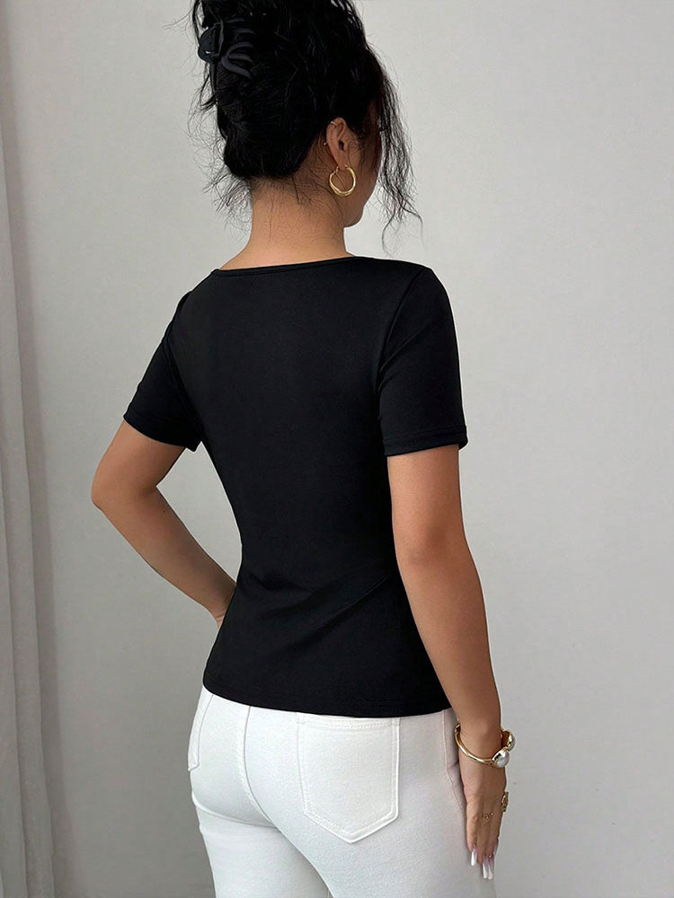 U-neck, slit, slim-fit short-sleeved top