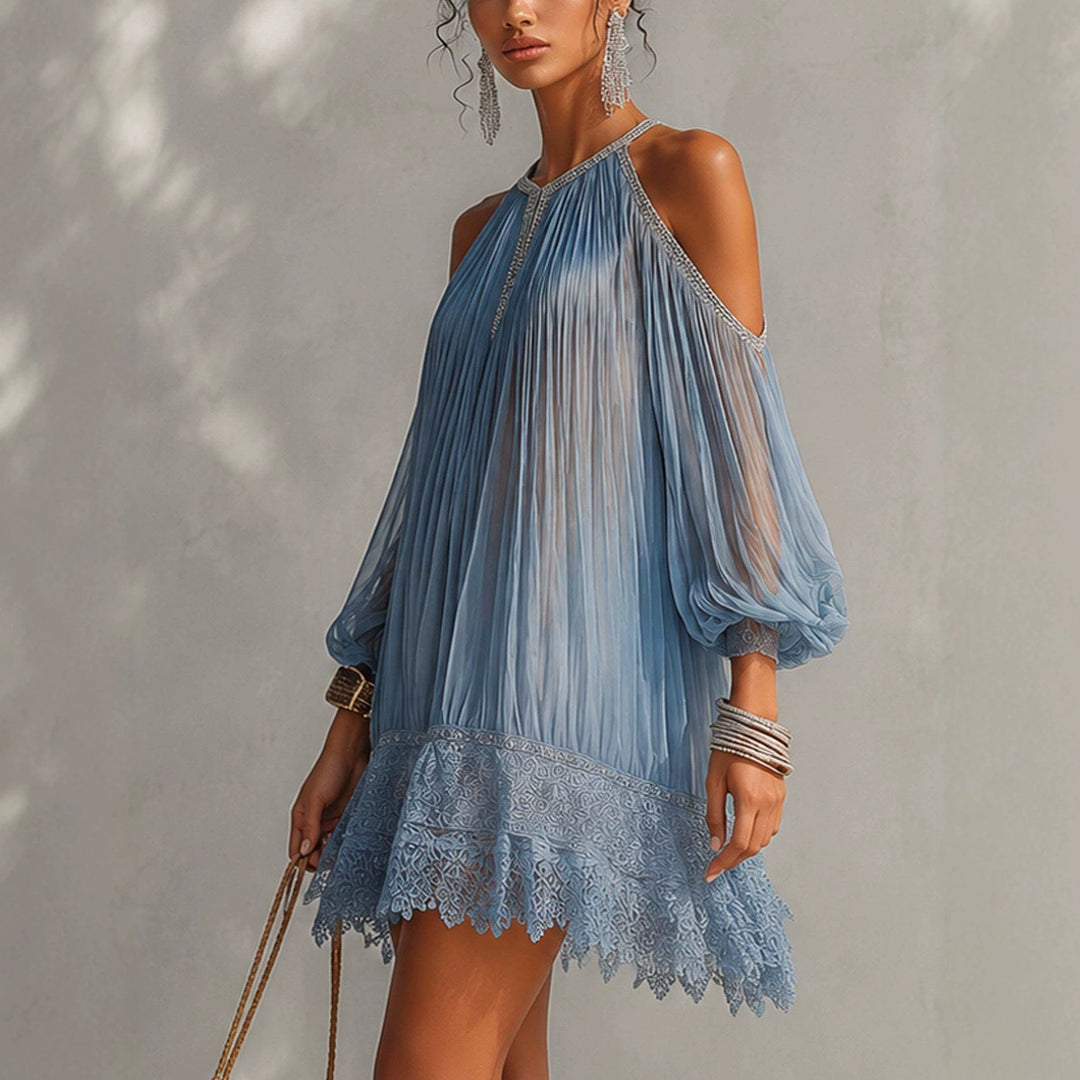 Puff-sleeve pleated dress with lace hem