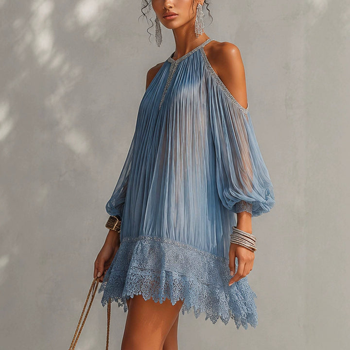 Puff-sleeve pleated dress with lace hem