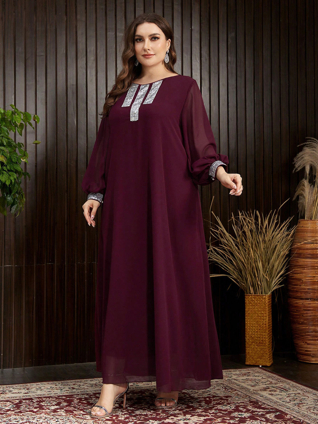 Burgundy sequined elegant long dress