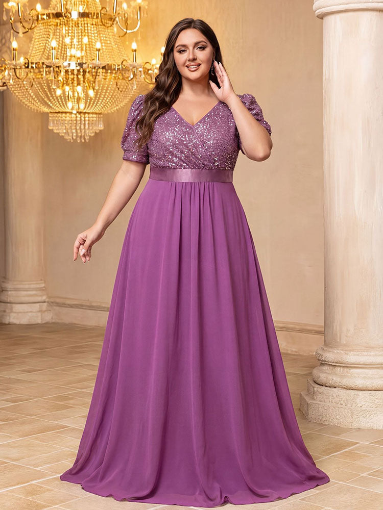 V-neck puff sleeve plus-size evening dress