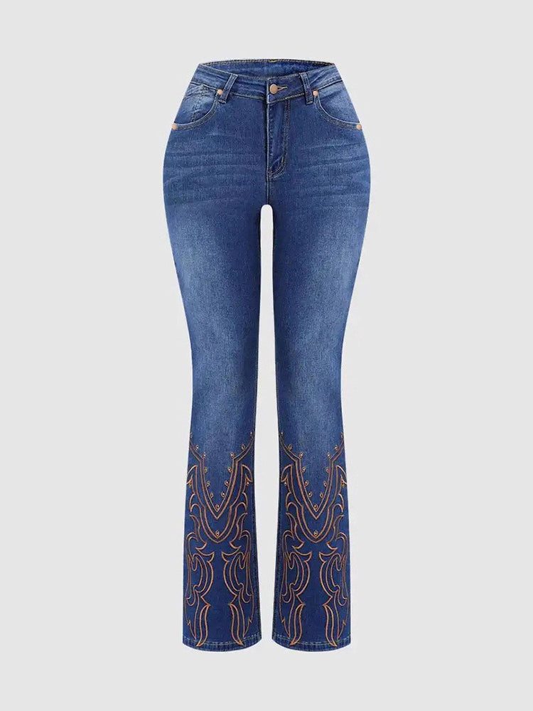 Beaded Embroidered Stretch Slight Flared Slim Fit Jeans