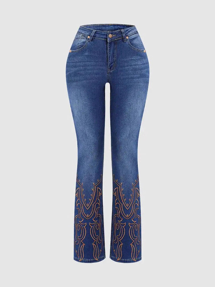 Beaded Embroidered Stretch Slight Flared Slim Fit Jeans