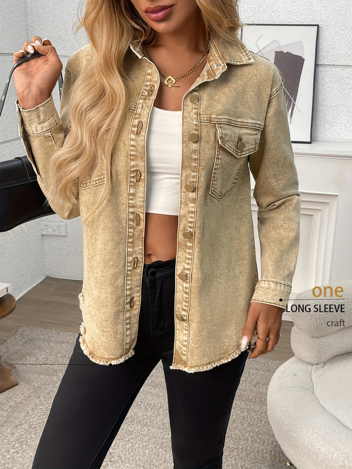 Stretch long-sleeved loose denim jacket with pockets