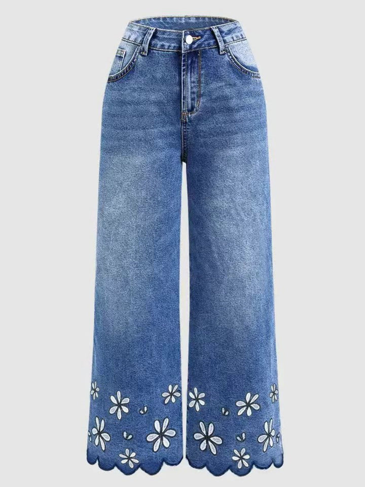 Fashionable embroidered loose-fitting casual stretch cropped jeans