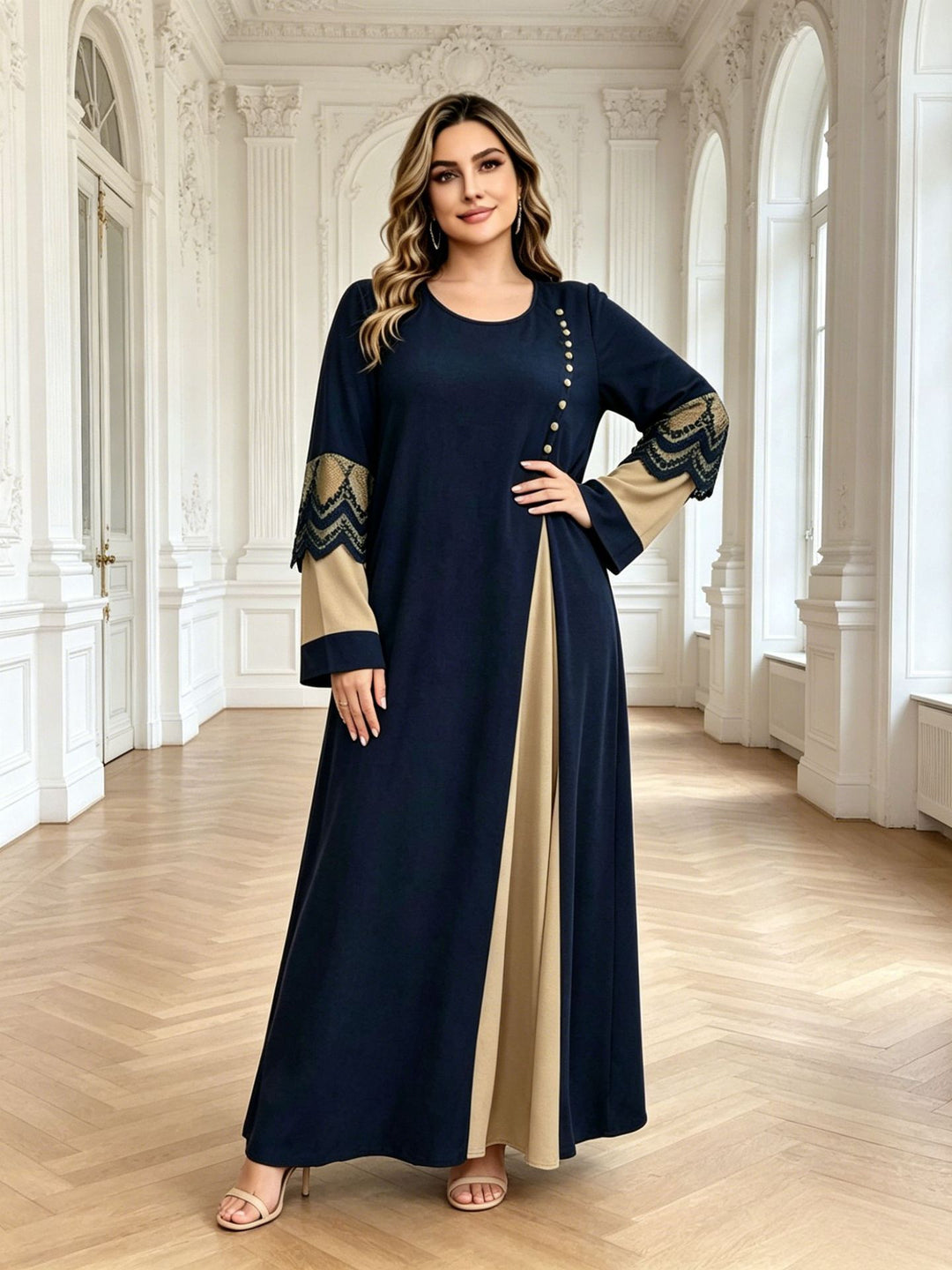 Color-blocked lace long-sleeved beaded maxi dress