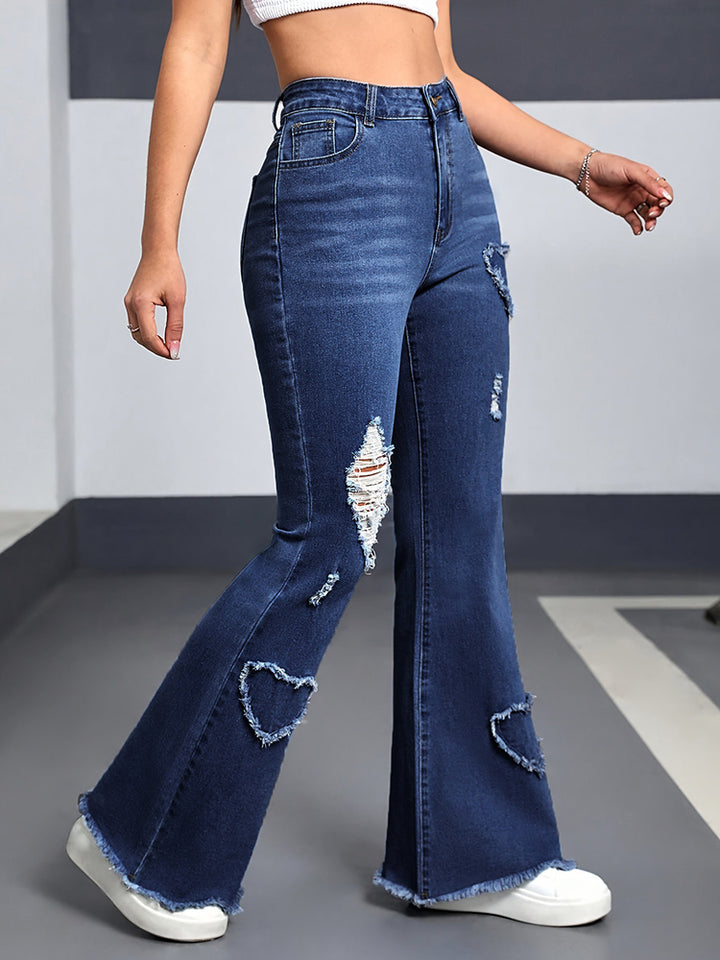 Women’s Jeans Stretch Heart-Shaped Pattern Ripped Bootcut Pants