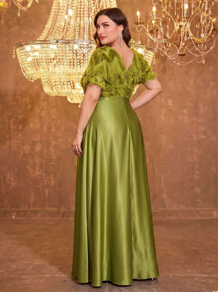 Faux Fur and Tassel Jacquard Knit Evening Gown