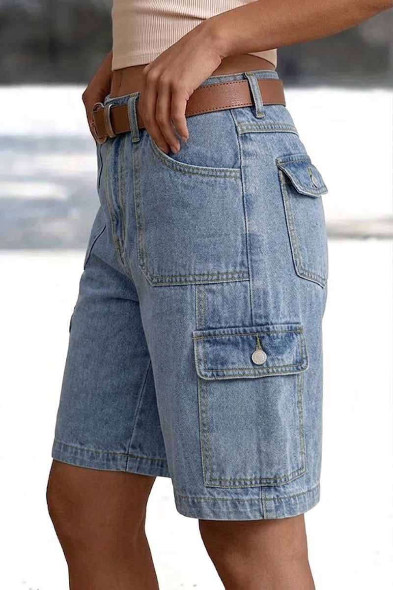 Vintage-wash denim utility shorts