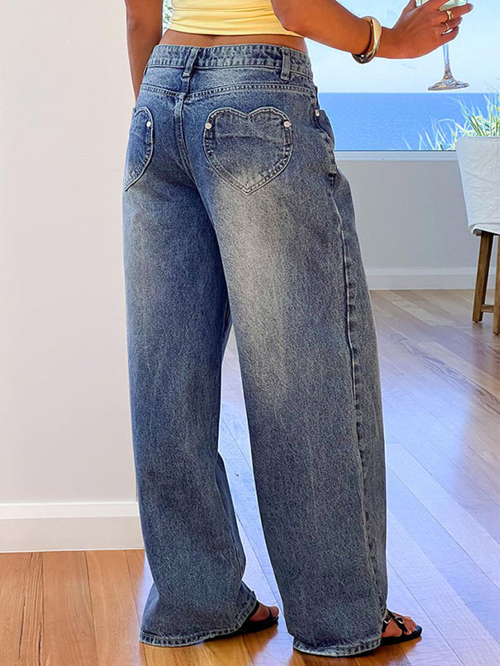 Retro heart-shaped back pocket loose jeans