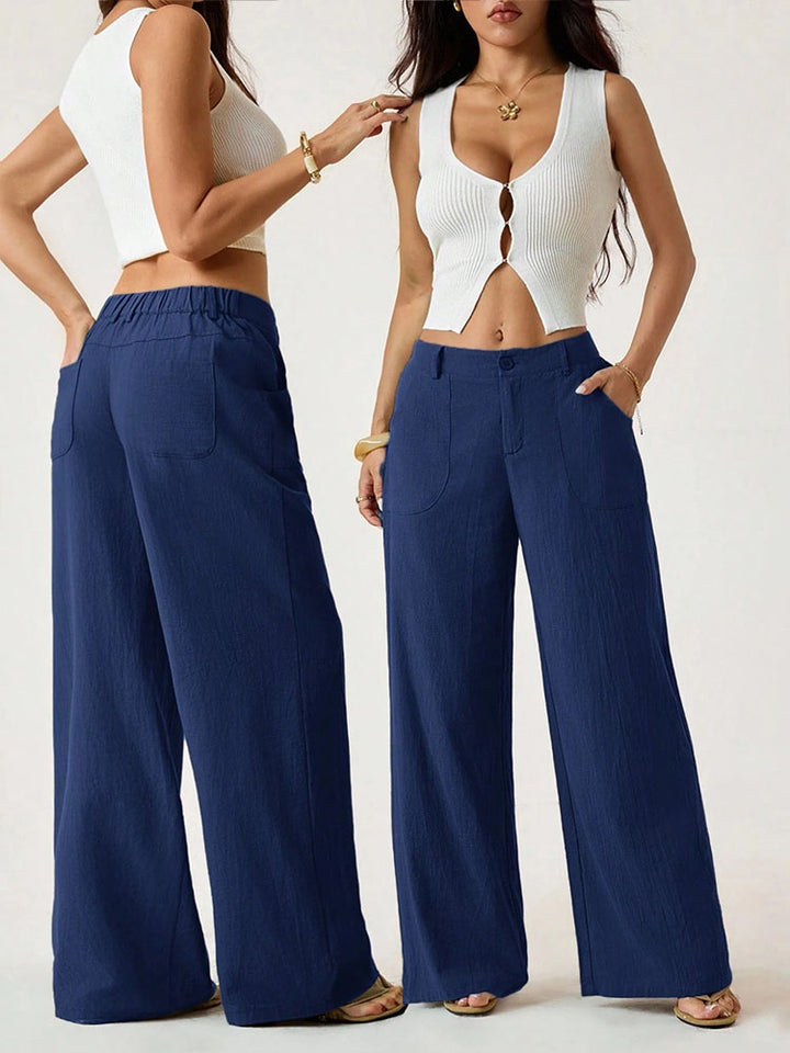 Mid-waisted straight-leg cotton-linen wide-leg pants