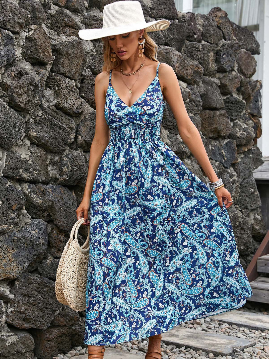 V-neck printed slip dress
