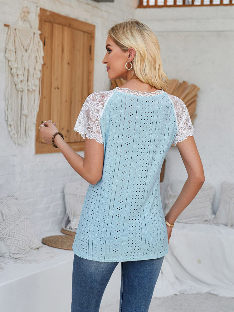 New V Neck Lace Splicing Loose Casual Eyelet T-Shirt