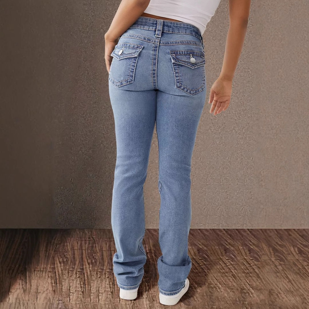 Double-button mid-rise straight-leg jeans