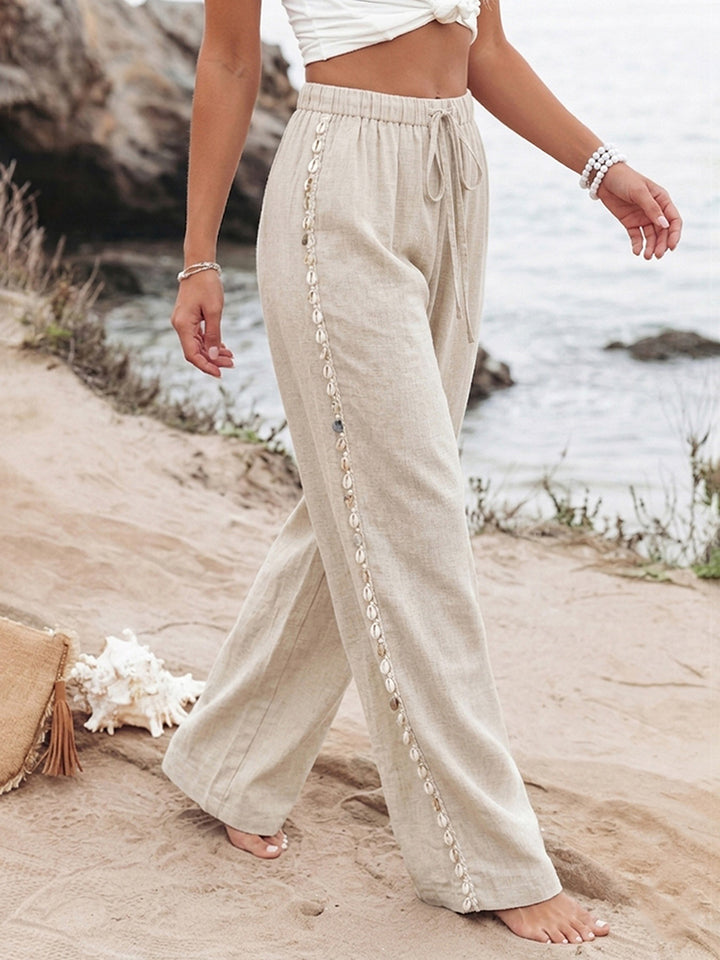 Casual Resort-Style Sequined Shell-Motif Wide-Leg Pants