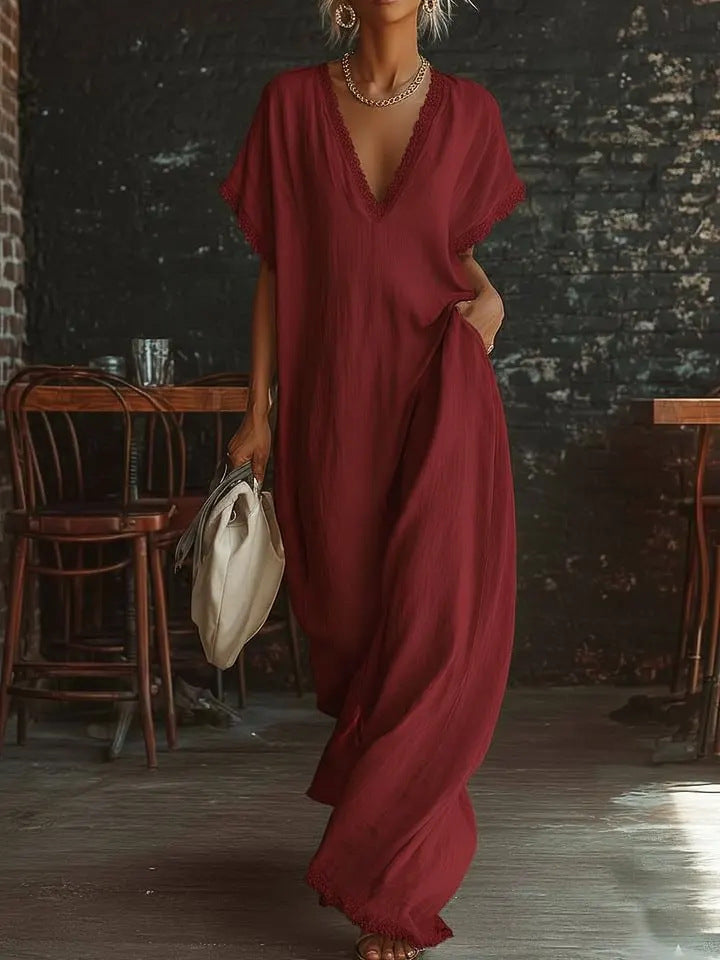 V-Neck Lace Trim Linen Caftan Dress