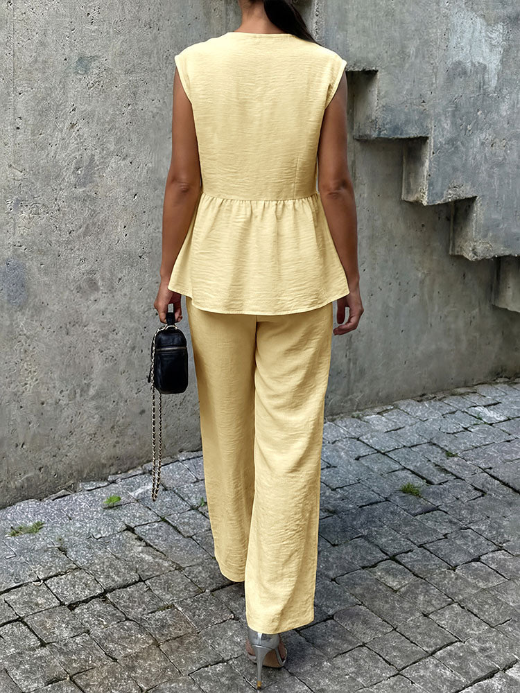 V-neck sleeveless top with ruffled hem and wide-leg pants set