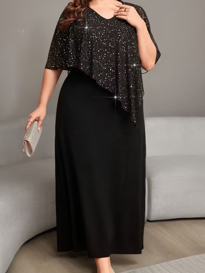 Elegant V-neck fitted waist batwing sleeve long dress