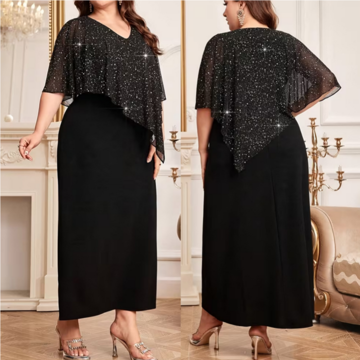 Elegant V-neck fitted waist batwing sleeve long dress