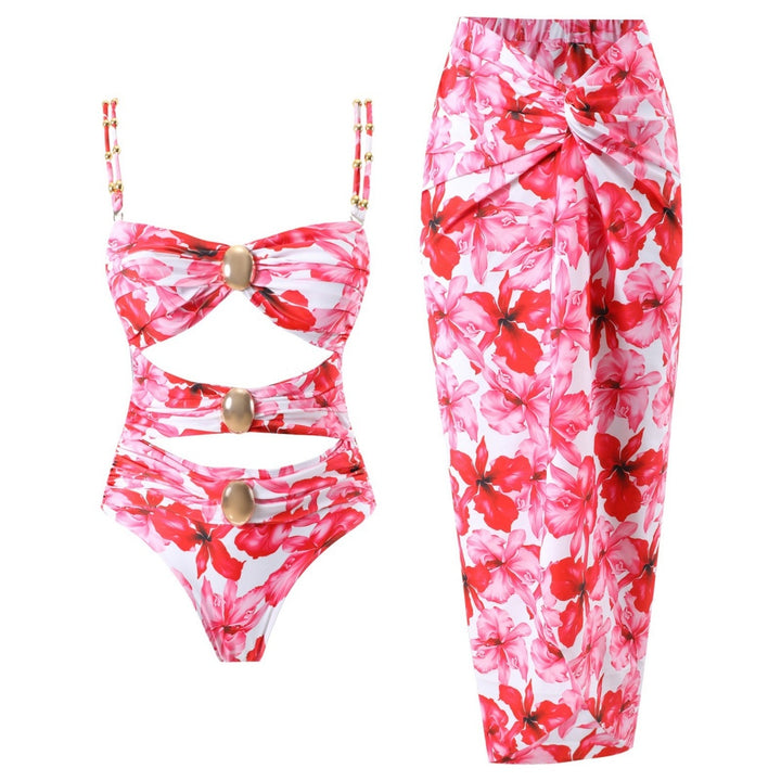 Beaded Strap Cutout Twist Front Swimsuit &amp; Wrap Skirt Set