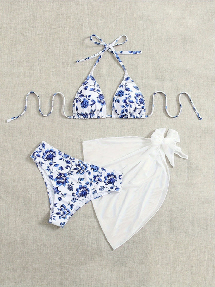 Blue Floral Halter Triangle Bikini Set