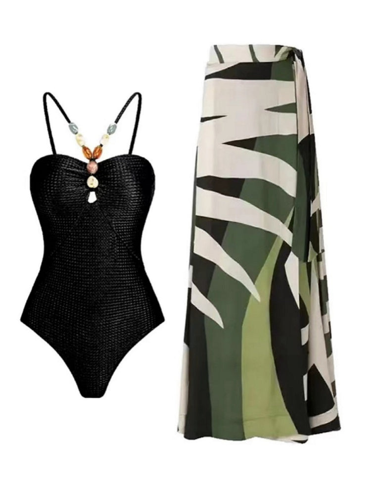 Tie Shoulder One Piece Swim Set with Sarong
