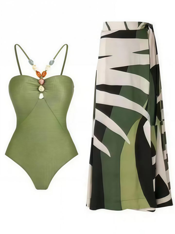 Tie Shoulder One Piece Swim Set with Sarong