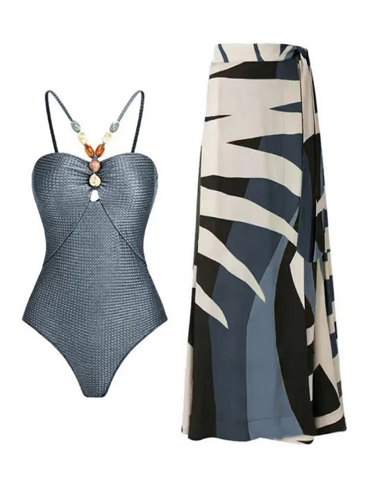 Tie Shoulder One Piece Swim Set with Sarong