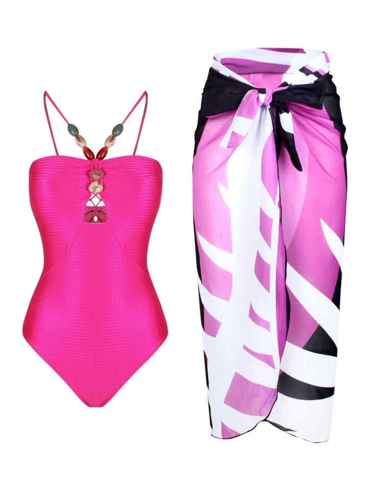 Tie Shoulder One Piece Swim Set with Sarong