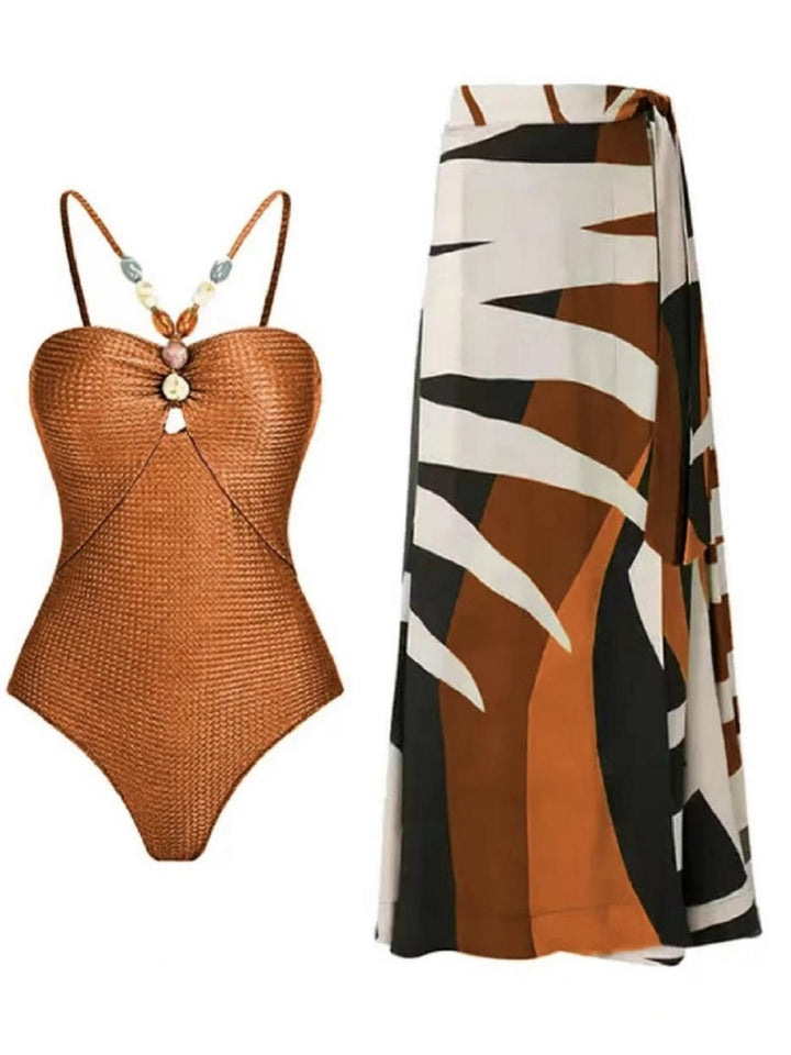 Tie Shoulder One Piece Swim Set with Sarong
