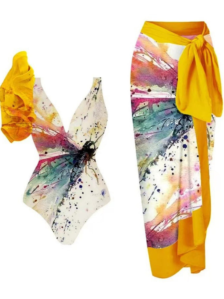 Tie Shoulder One Piece Swim Set with Sarong