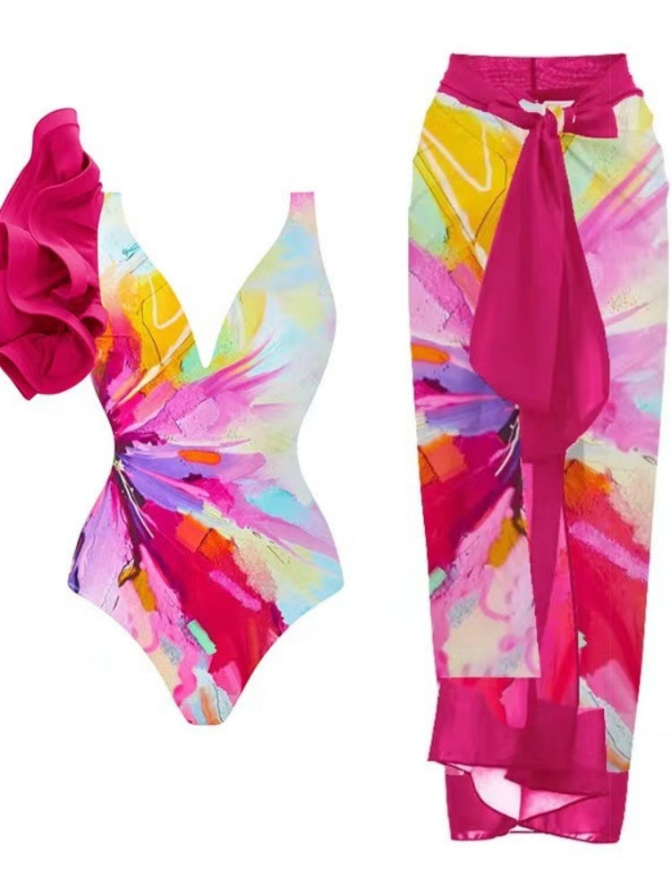 Tie Shoulder One Piece Swim Set with Sarong