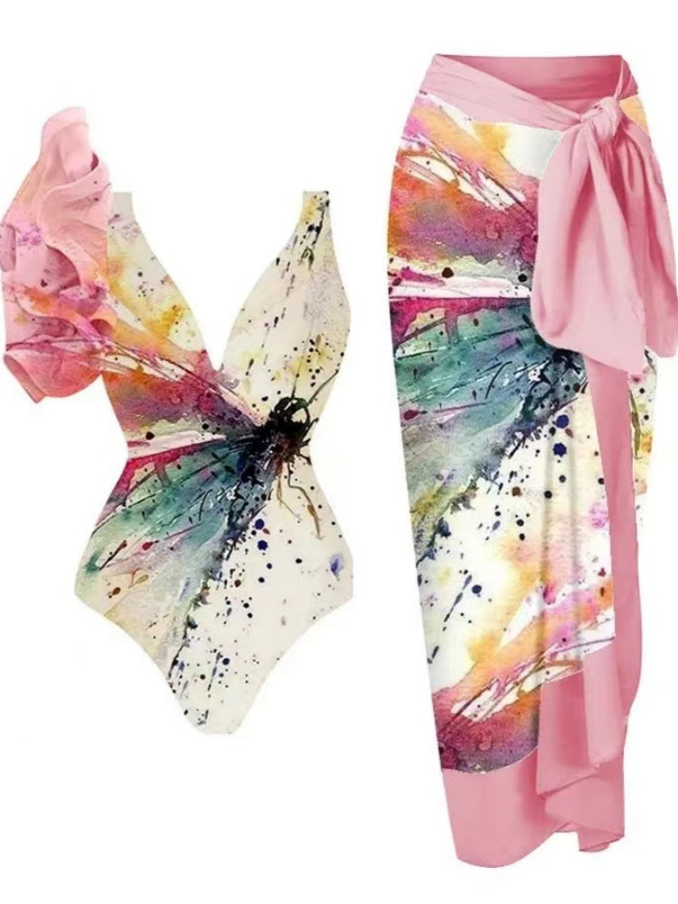 Tie Shoulder One Piece Swim Set with Sarong