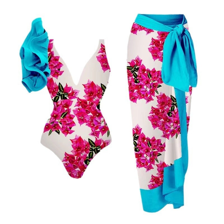 Tie Shoulder One Piece Swim Set with Sarong